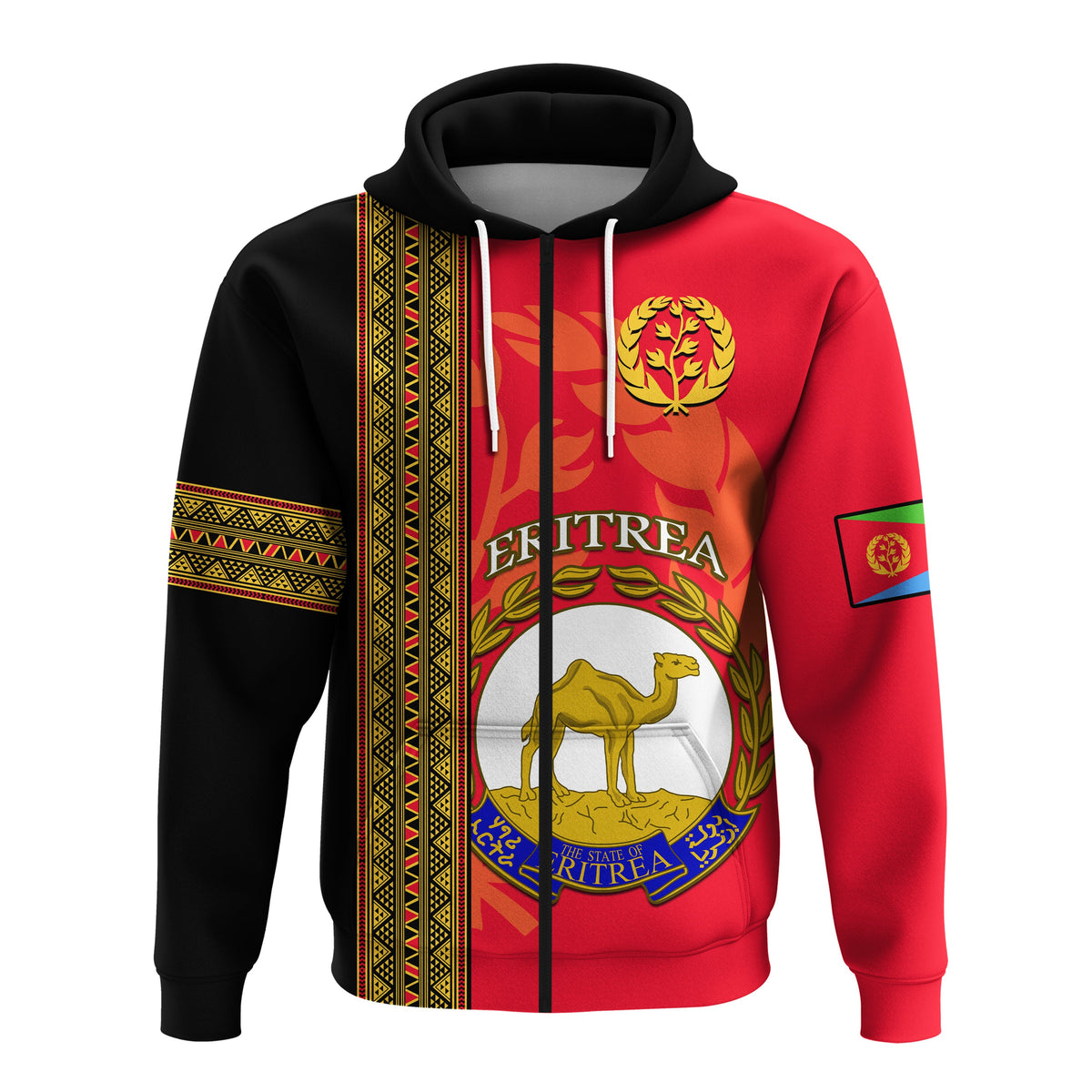 Red and black pullover hoodie with Eritrea crest graphic and sleeve flag patch