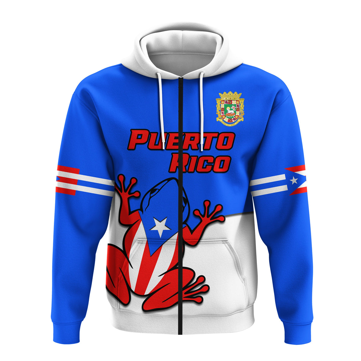 Blue hoodie with white hood, drawstrings, Puerto Rico frog graphic; sleeve stripe accents.