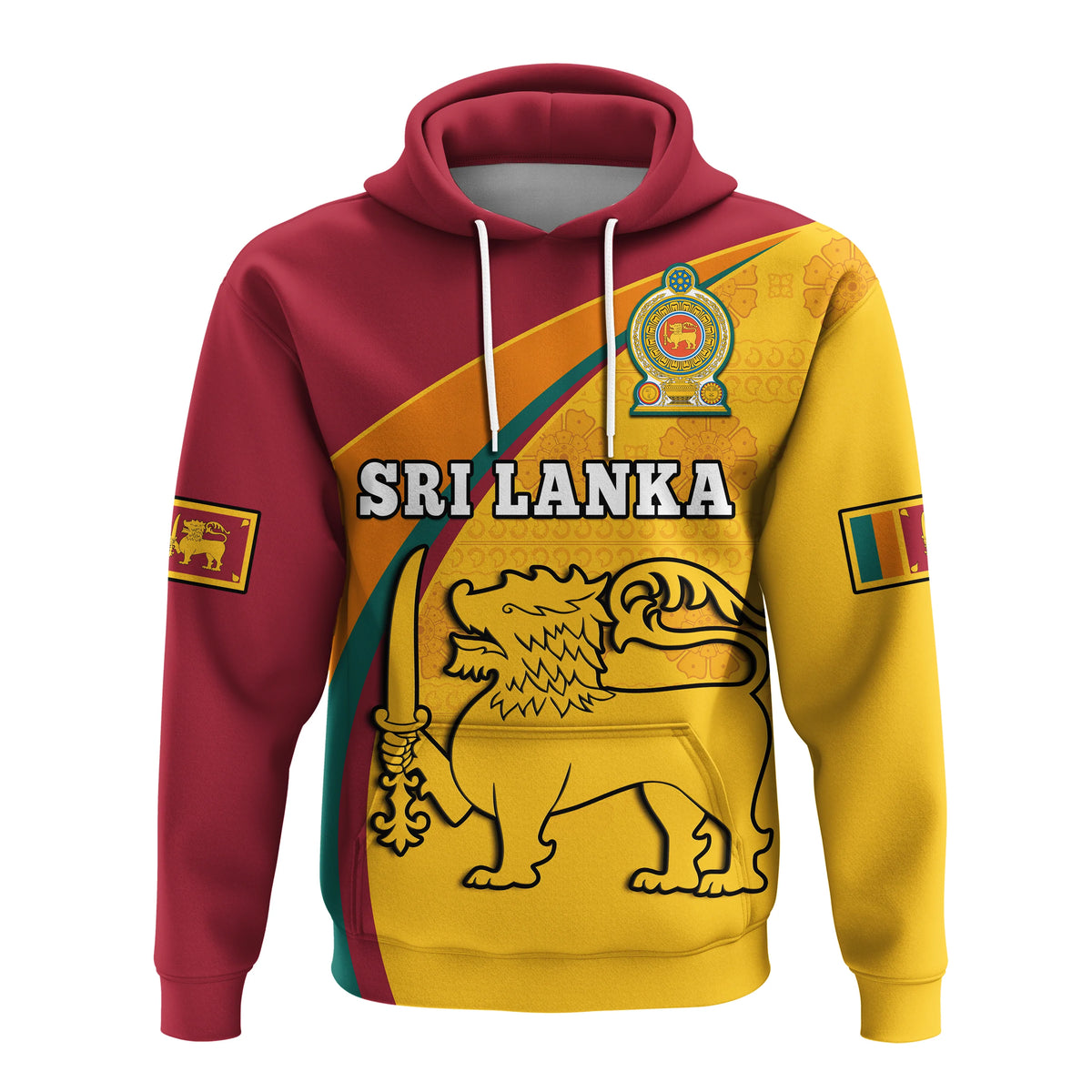 Red and yellow Sri Lanka graphic pullover hoodie with hood and front kangaroo pocket