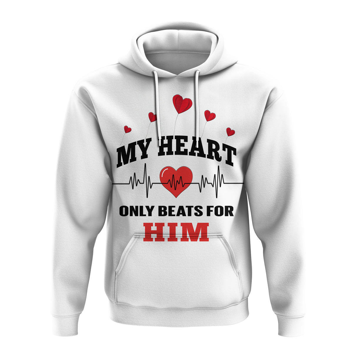 White pullover hoodie with red heart graphic and bold text on chest