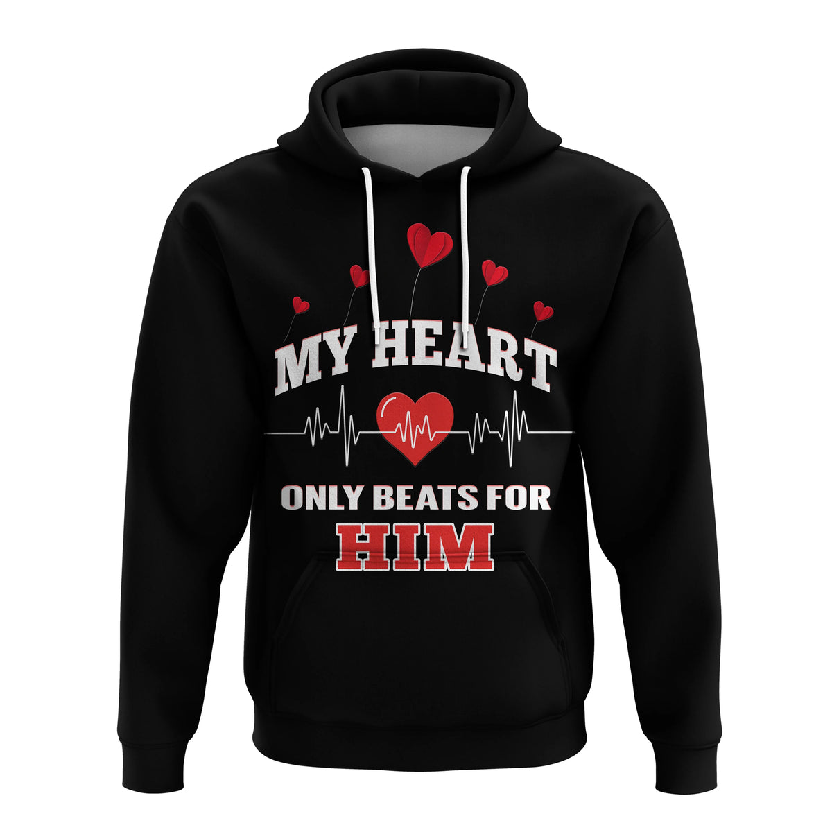 Black pullover hoodie with red hearts heartbeat graphic and 'MY HEART' text