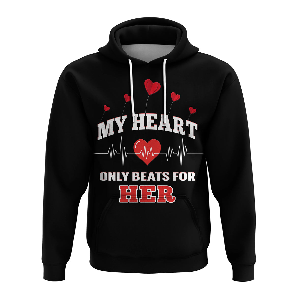 Black hoodie with red heart pulse graphic and 'MY HEART ONLY BEATS FOR HER' print