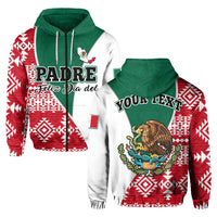 Zip hoodie with green hood, red/white Aztec print and “YOUR TEXT” eagle graphic