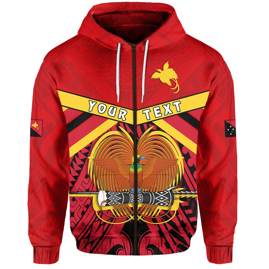 Red zip hoodie with bold eagle graphic and front zipper pull detail