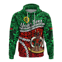 Green zip hoodie front view with drawstring hood and Vanuatu graphic