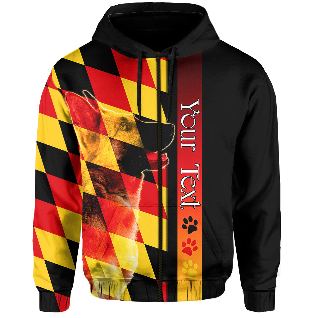Schwarzer Zip-Hoodie mit Deutscher-Schäferhund-Motiv und kariertem Rot-Gelb-Design vorne