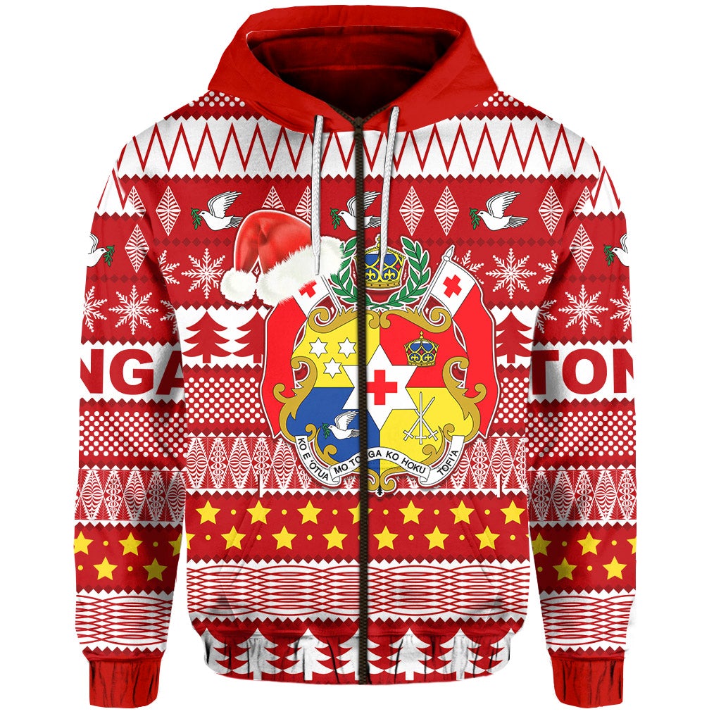 Red zip-up hoodie with Tongan Christmas patterned front graphic and festive border