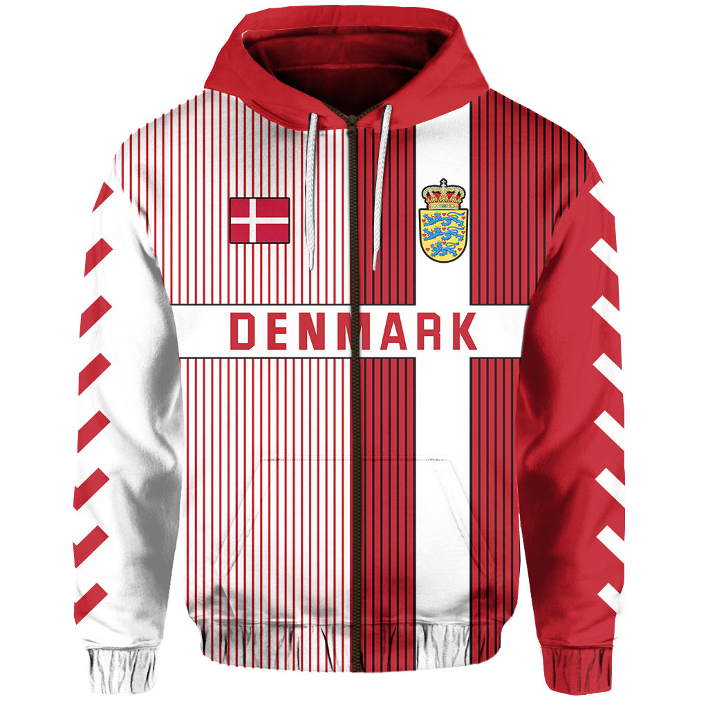 Denmark zip hoodie with red, white striped front and crest patch; hood and drawstrings