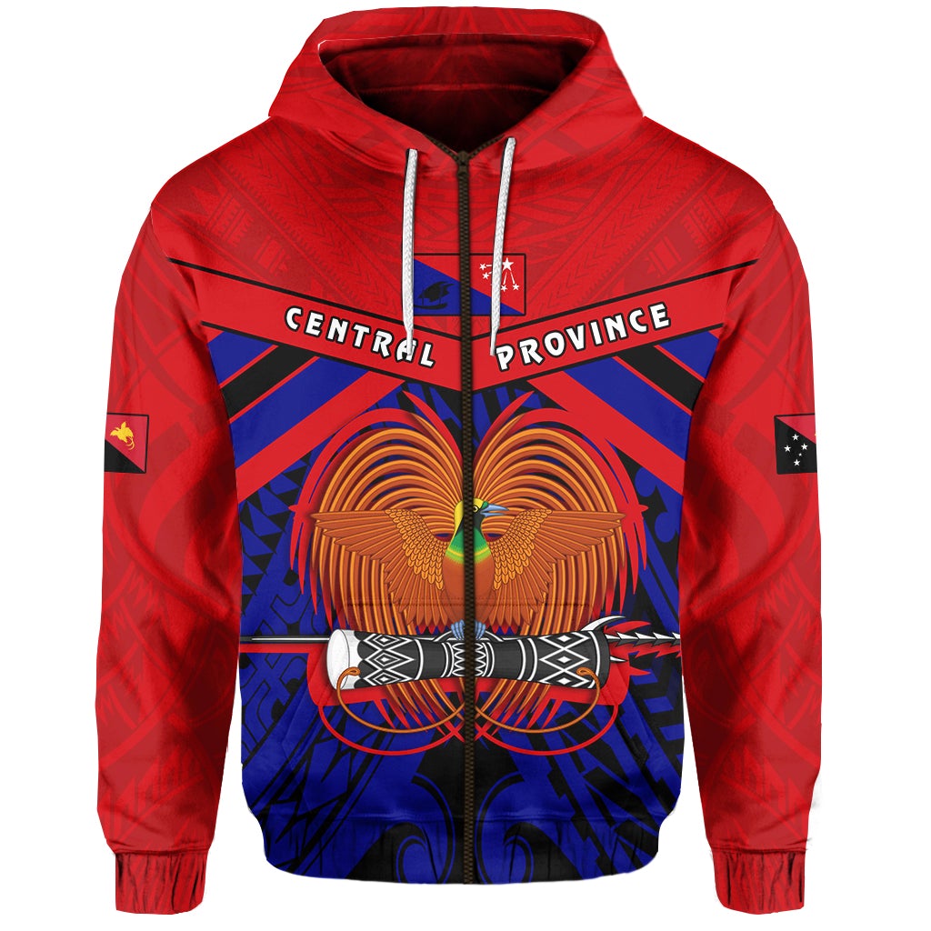 Red zip hoodie with Central Province Papua New Guinea print, front view
