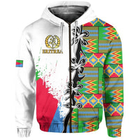 White zip hoodie with Eritrea crest, multicolor African pattern sleeves and drawstring hood