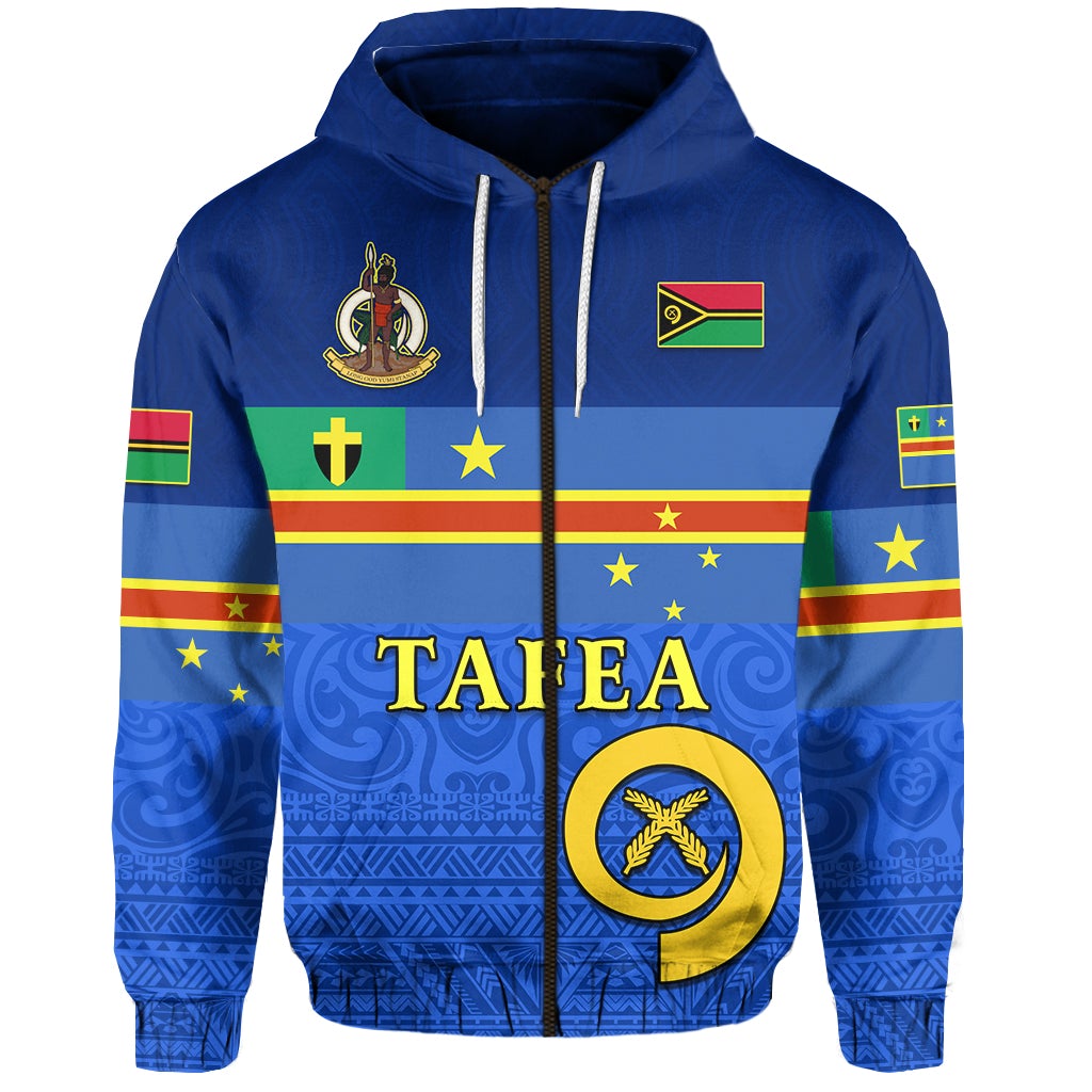 Blue zip hoodie with hood, drawstrings, and Tafea emblem flag graphic on front