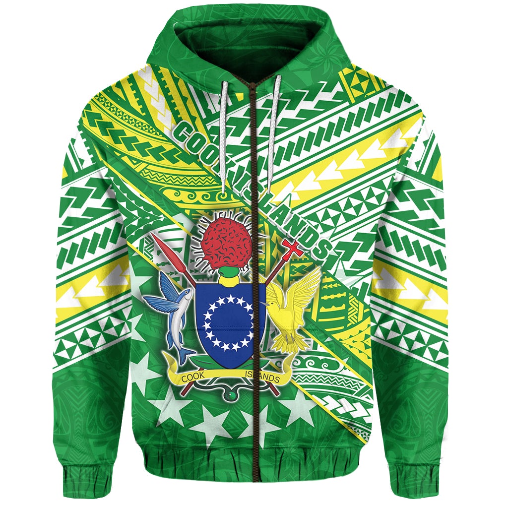 Green zip hoodie with colorful Cook Islands crest, tribal patterns, and drawstring hood
