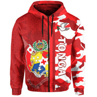Red zip hoodie with camouflage, Tongan crest and patterned panel, drawstring hood