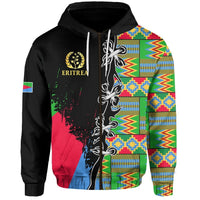 Eritrea zip hoodie, black with multicolor African pattern panels and front pouch pocket