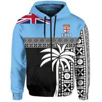 Blue zip hoodie front with Fiji crest, tapa border, palm graphic and drawstring hood