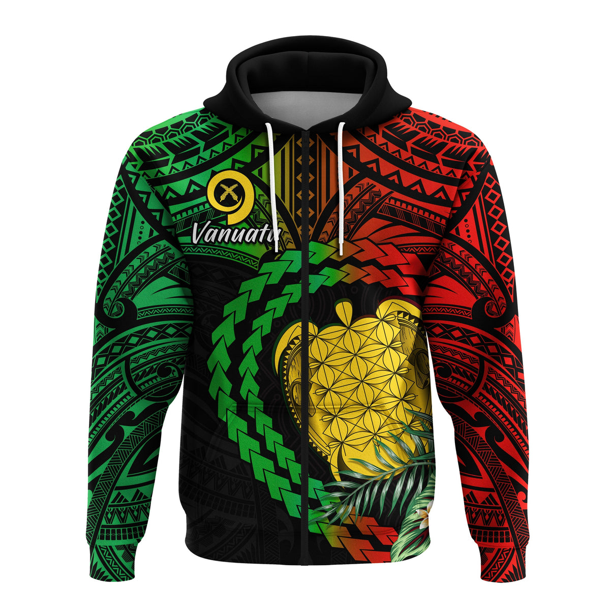 Black zip hoodie with colorful Polynesian heart, turtle, and leaf graphic; front view