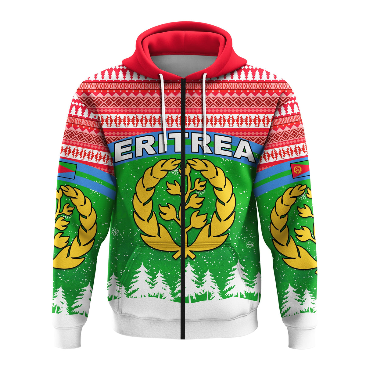 Red zip hoodie with Eritrea graphic, green festive pattern, and drawstring hood