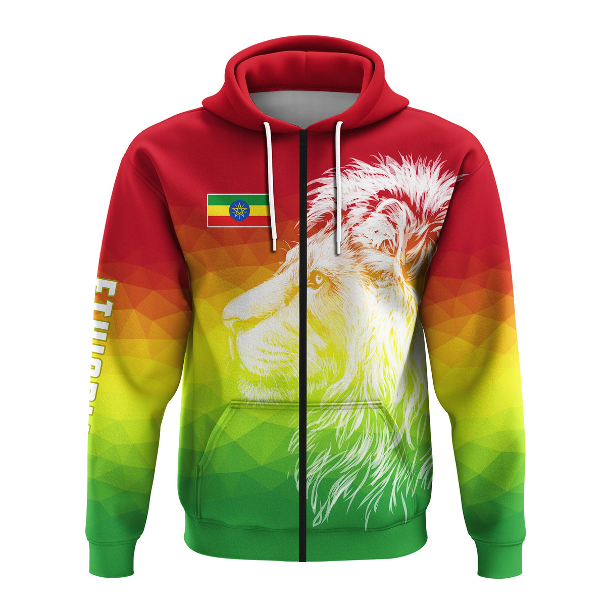 Red zip hoodie with lion print and Ethiopian flag colors, front view
