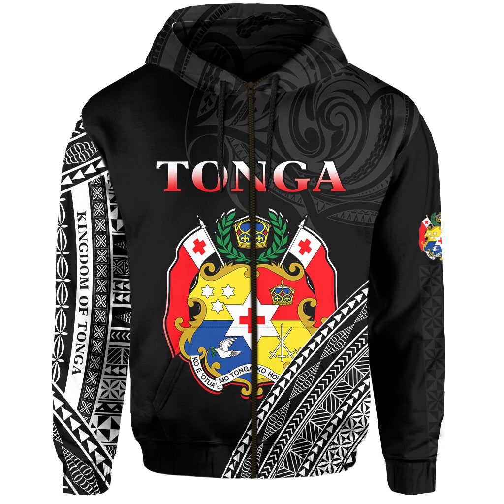 Black zip hoodie, Tonga front graphic with coat of arms and patterned side sleeves
