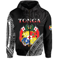Black zip hoodie, Tonga front graphic with coat of arms and patterned side sleeves