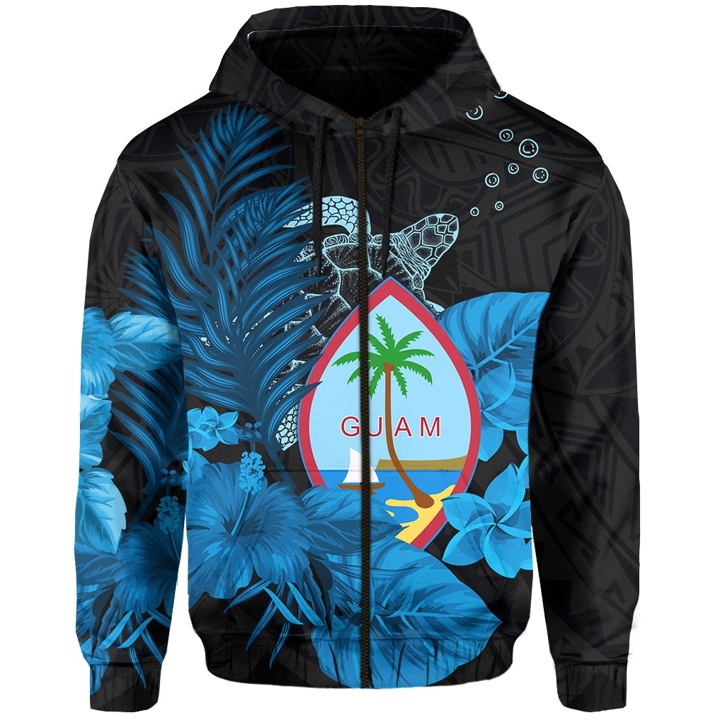 Blue zip hoodie with Guam seal turtle and tropical flower print, full front