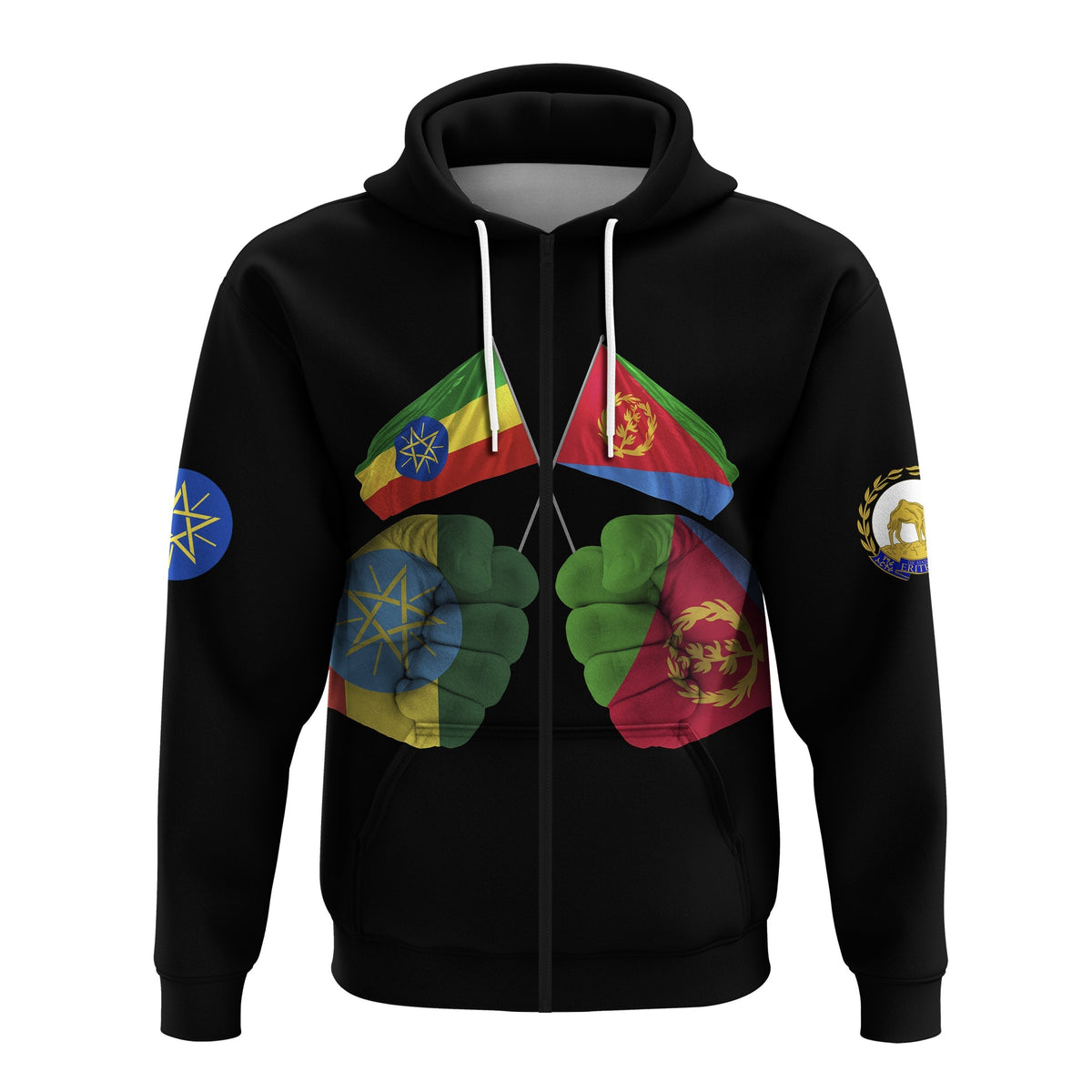 Black zip hoodie front with PEACE text and Ethiopian/Eritrean flag fan print