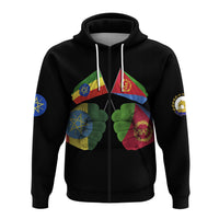 Black zip hoodie front with PEACE text and Ethiopian/Eritrean flag fan print