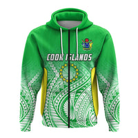 Green zip hoodie with front “Cook Islands” print, drawstring hood and yellow side panels