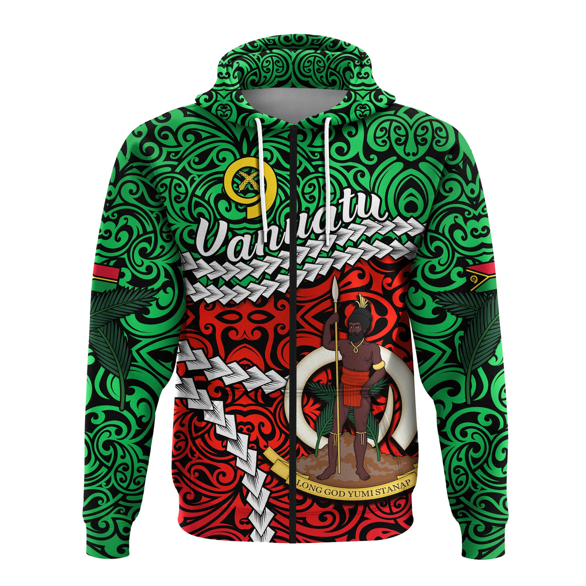 Green zip hoodie front view with hood drawstrings and bold character graphic