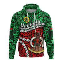 Green zip hoodie front view with hood drawstrings and bold character graphic