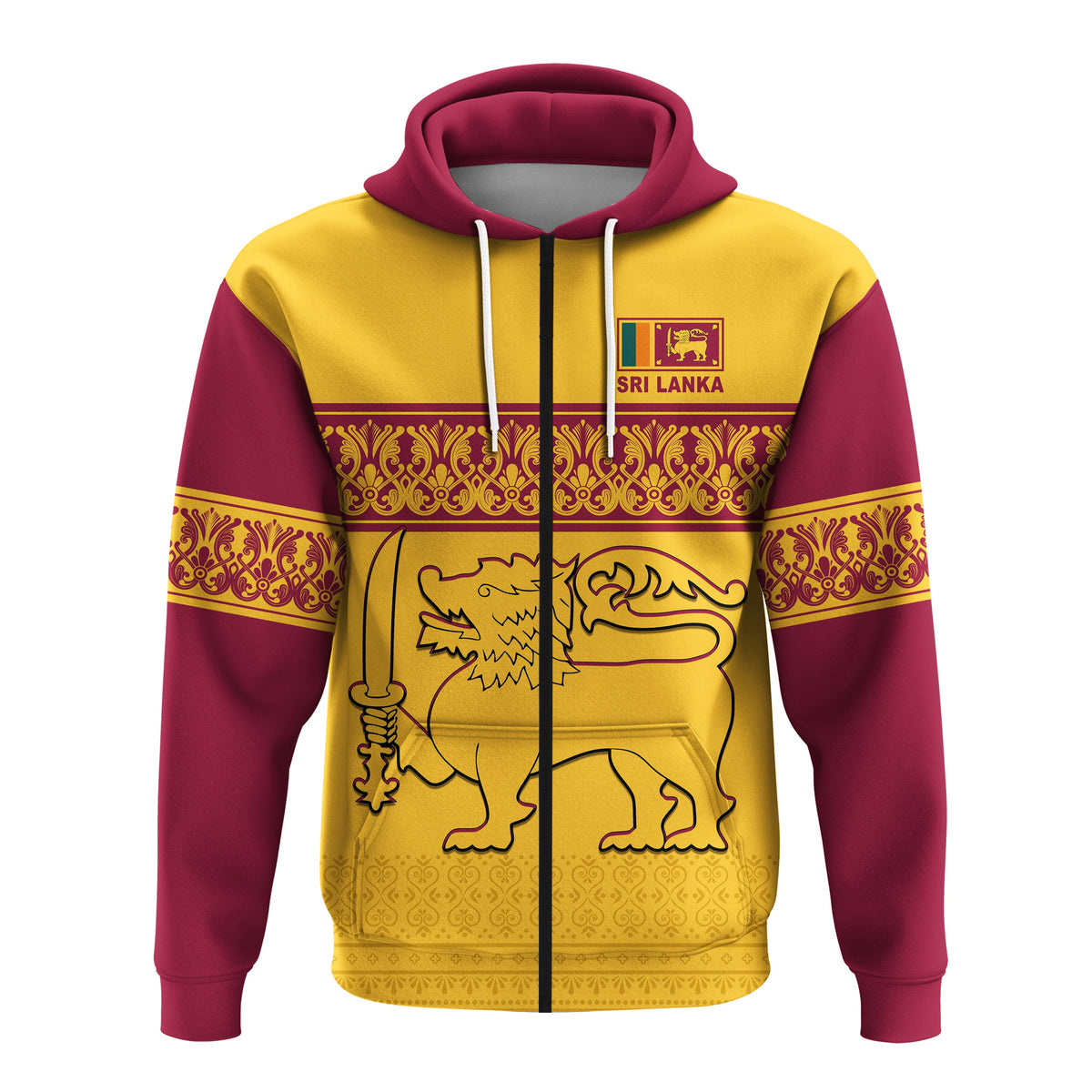 Yellow hoodie front with Sri Lanka banner, lion outline, burgundy sleeves and hood