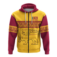 Yellow hoodie front with Sri Lanka banner, lion outline, burgundy sleeves and hood