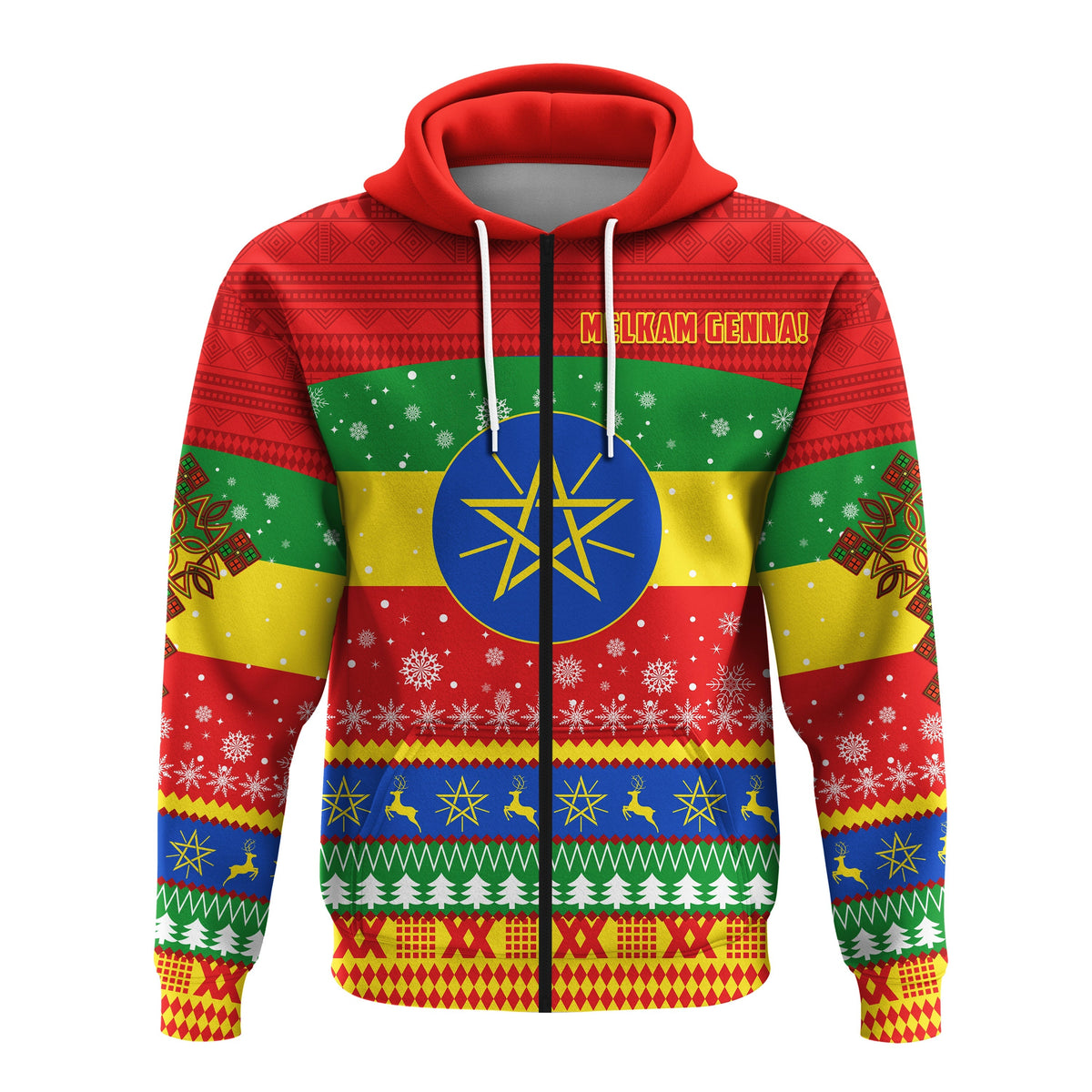 Red zip hoodie with colorful African Christmas pattern, front graphic and drawstring hood