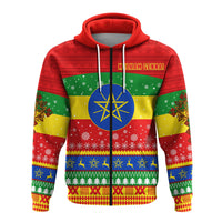 Red zip hoodie with colorful African Christmas pattern, front graphic and drawstring hood