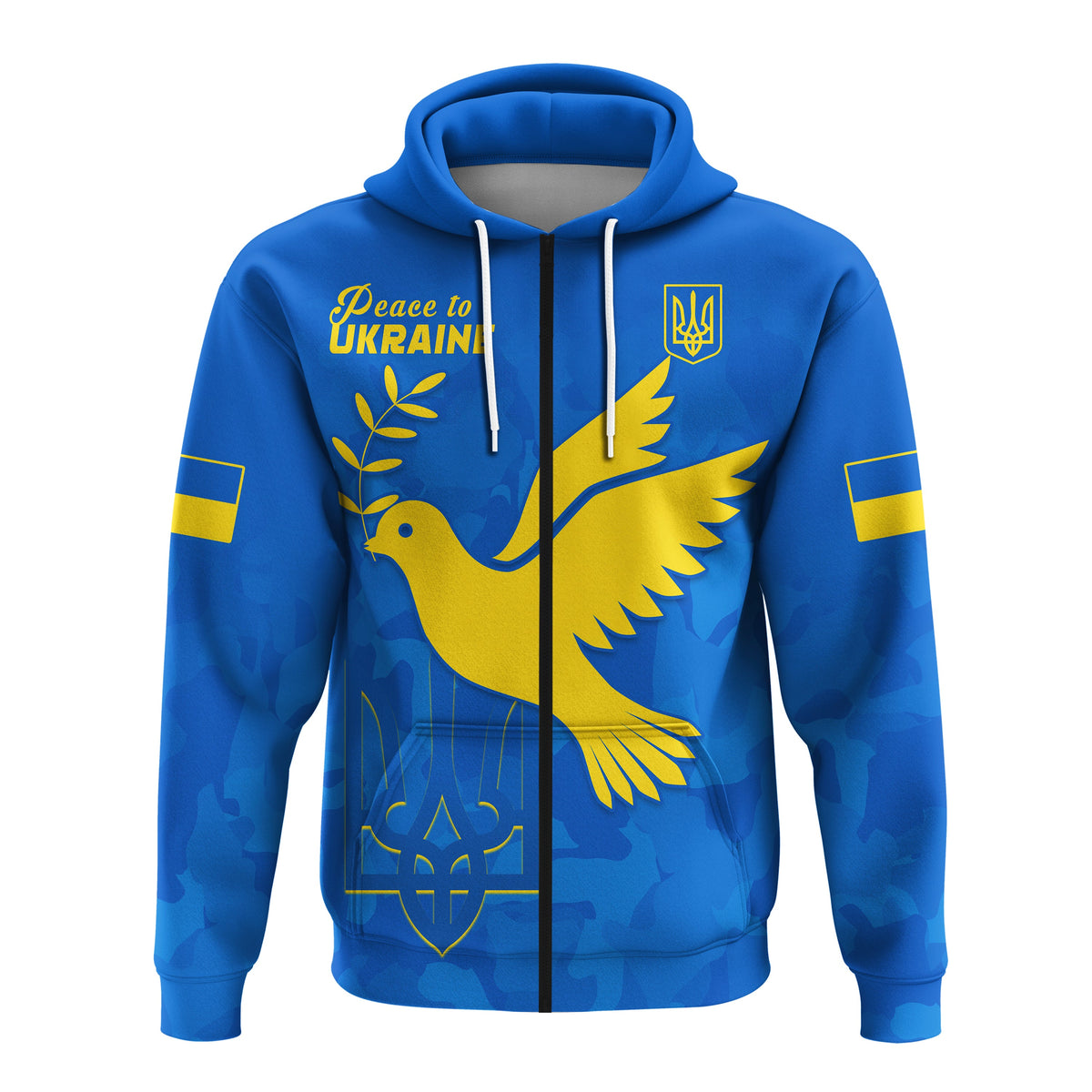 Blue hoodie front with drawstrings and vertical graphic stripe; bird and trident emblem