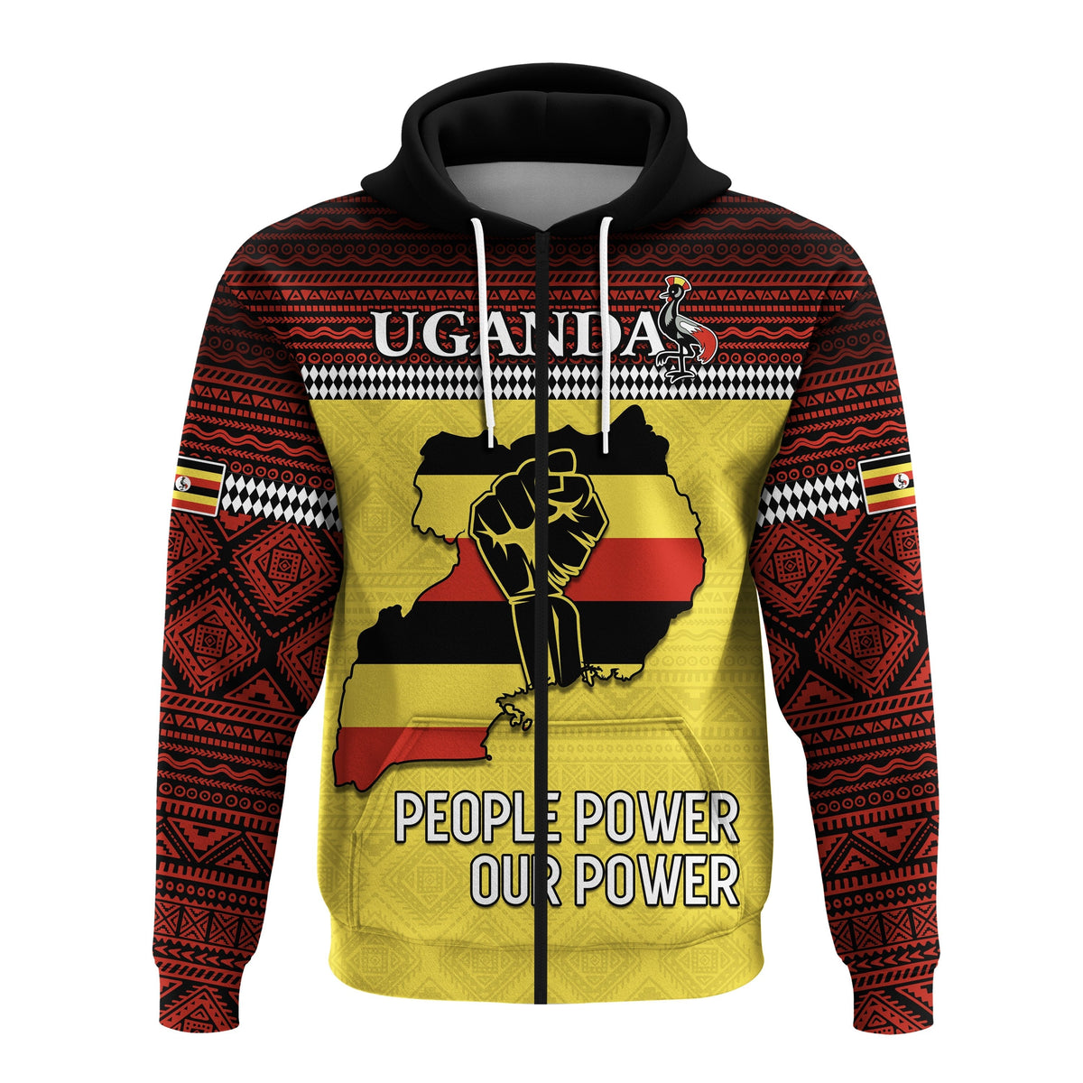 Yellow zip hoodie with African patterned print, 'People Power Our Power' front