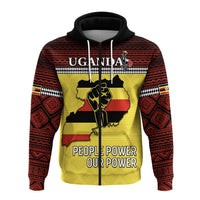 Yellow zip hoodie with African patterned print, 'People Power Our Power' front