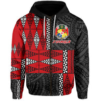 Red and black zip hoodie with white geometric Polynesian pattern, hood and front zipper
