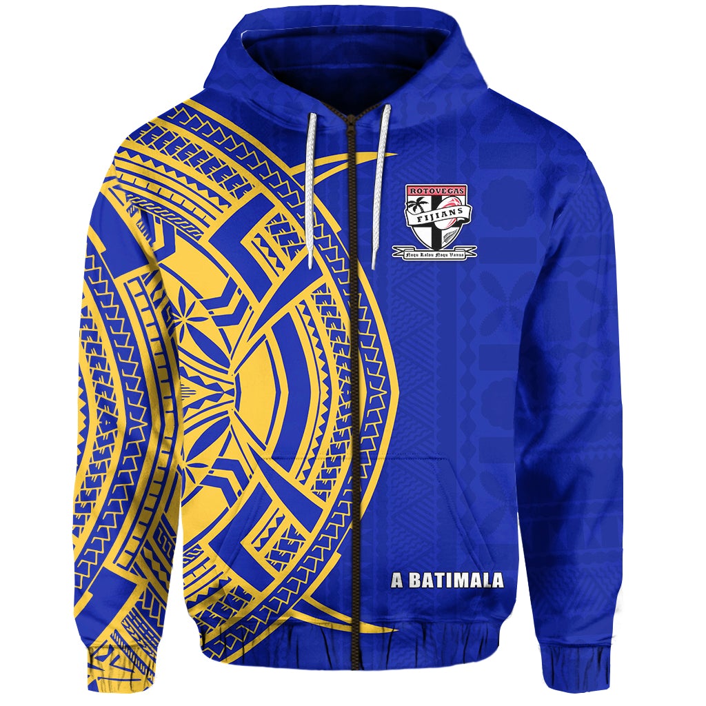 Blue zip hoodie with yellow tribal graphic, drawstring hood, and chest logo