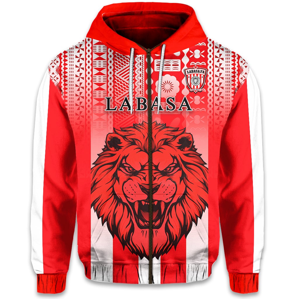 Red zip hoodie with large front lion face graphic and white patterned side stripes