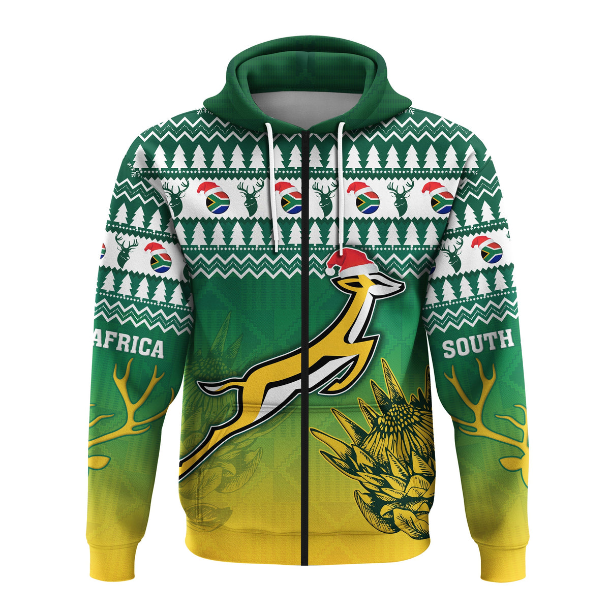 Green zip-up rugby hoodie with winter tree pattern and Springboks emblem on front