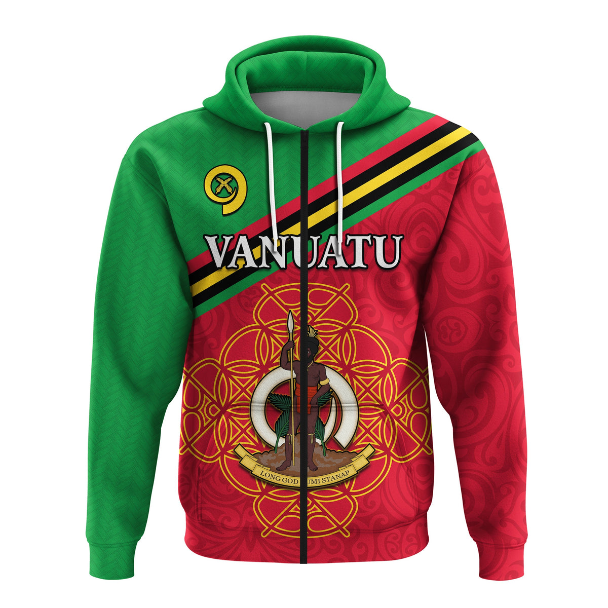 Red and green zip hoodie with Vanuatu graphic and crest on chest, front view