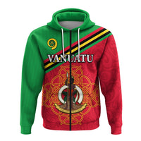 Red and green zip hoodie with Vanuatu graphic and crest on chest, front view