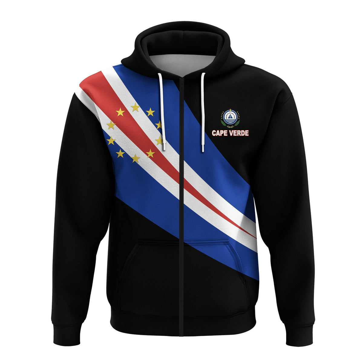Black zip hoodie with Cape Verde flag diagonal print on front, hood and white drawstrings