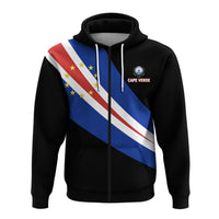 Black zip hoodie with Cape Verde flag diagonal print on front, hood and white drawstrings