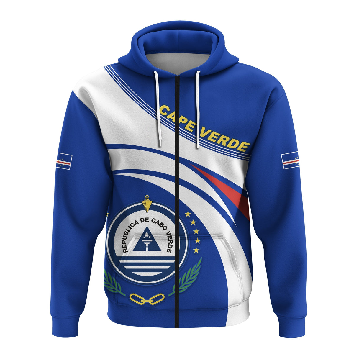 Cape Verde zip hoodie in blue and white, front logo graphic, hood with drawstrings.