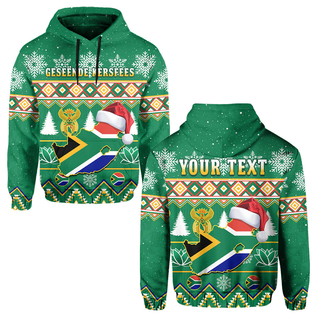 Green pullover hoodie with GESEËNDE KERSFEES text and South Africa Christmas graphic
