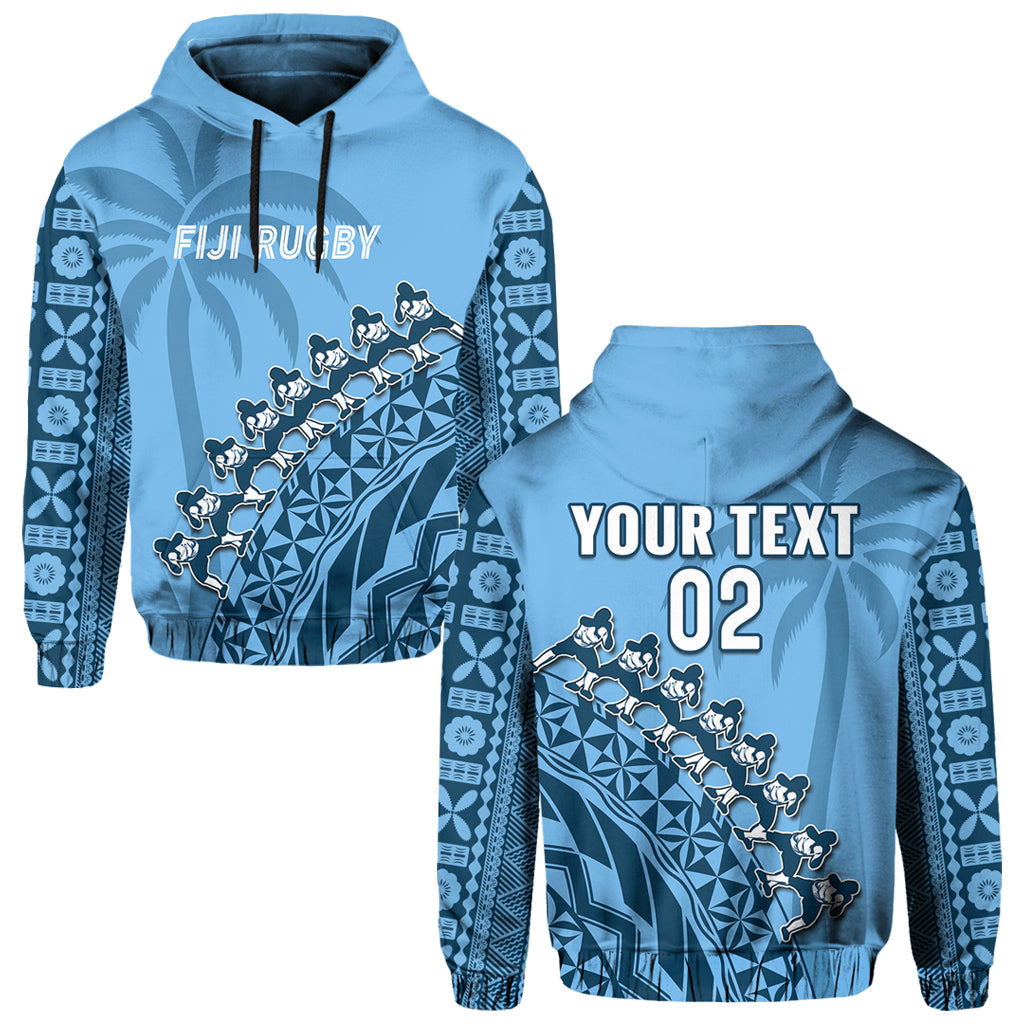 Custom Text And Number Fiji Tapa Rugby Hoodie Fijian Cibi Dance Tapa Pattern Blue - Wonder Print Shop