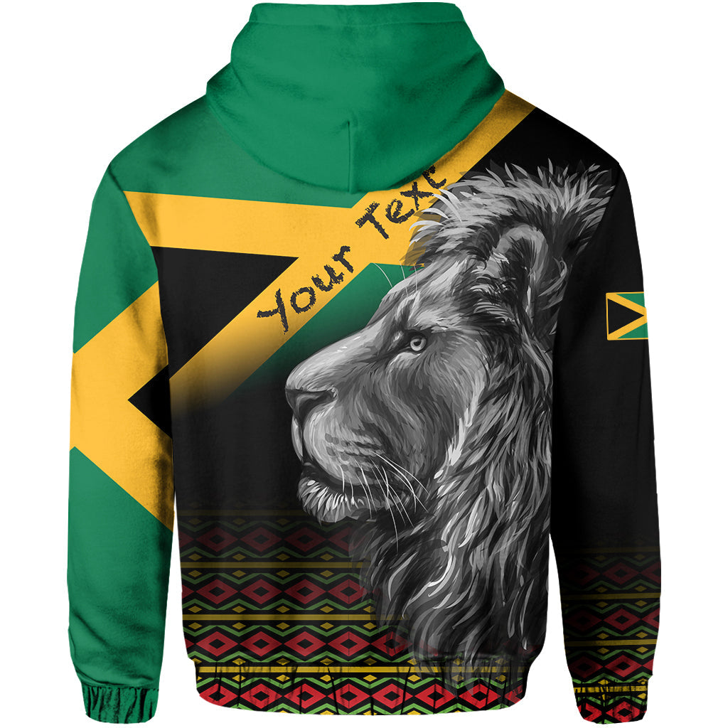 Green hood black hoodie with lion profile back print and Jamaica flag stripes