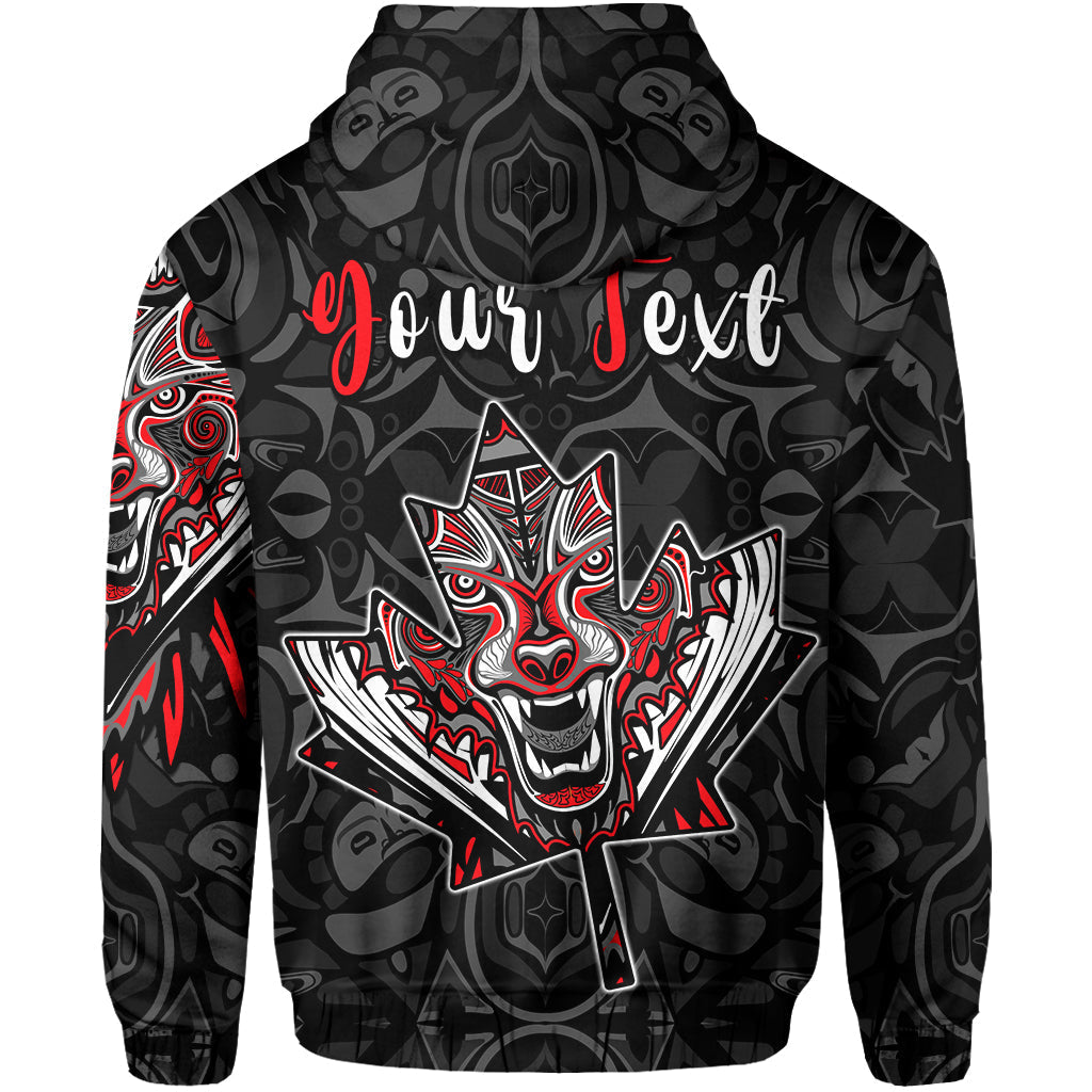 Schwarzer Hoodie mit Kapuze, Wolf-Emblem und rote „Your Text“-Schrift im Zentrum
